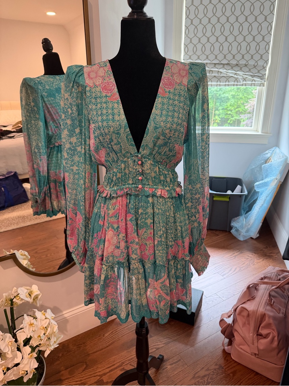 HEMANT & NANDITA Teal and Pink Floral V-Neck Tiered Mini Dress